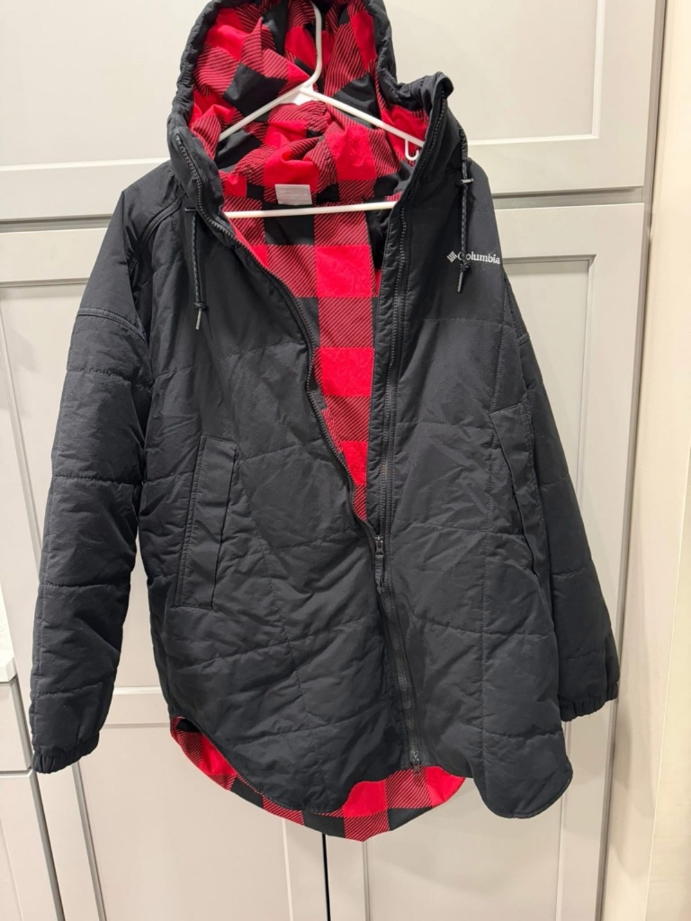 Columbia Black Jacket with Red Buffalo Plaid Lining and Hood